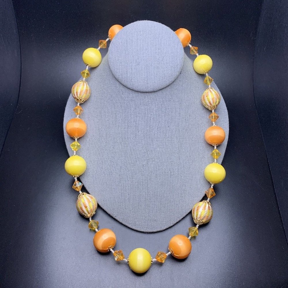 Long Chunky Beaded Necklace Orange Yellow Fabric Bead Gold Tone 24 Inch Vintage